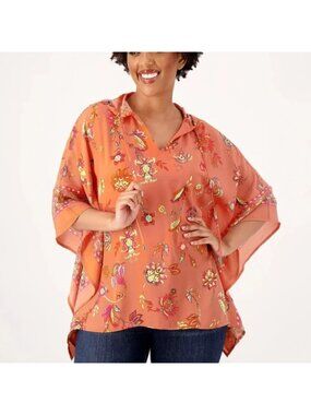 Belle by Kim Gravel Poncho Sz M Hooded Boho Brights Border Print Coral A588029